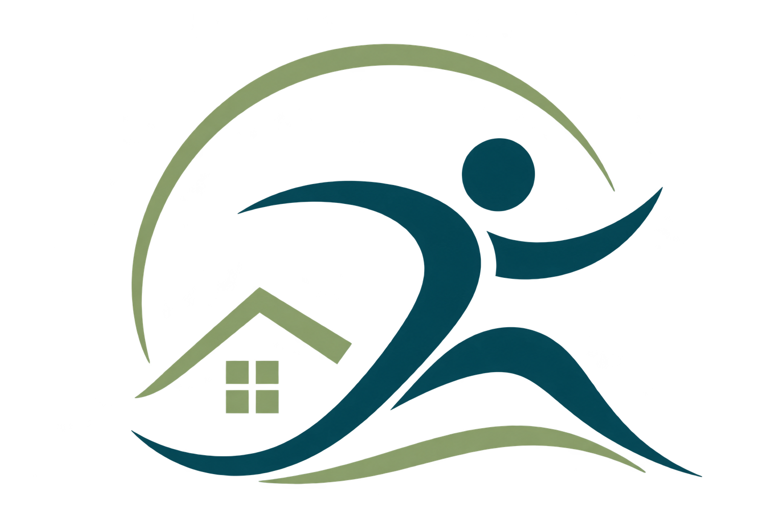 Logo Zdrowy Ruch — sylwetka w ruchu, dom i ochronny łuk